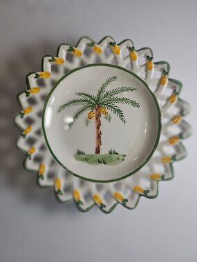 RCCL Portugal Set of 6 Reticulated Hand Painted Palm Tree Glazed Pottery Plates
